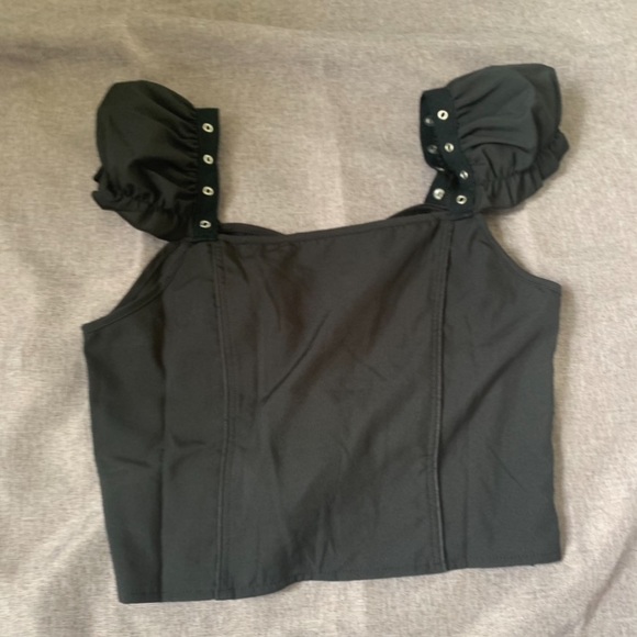 Black Lace Up Goth Grunge Puff Sleeve Blouse - Picture 5 of 7